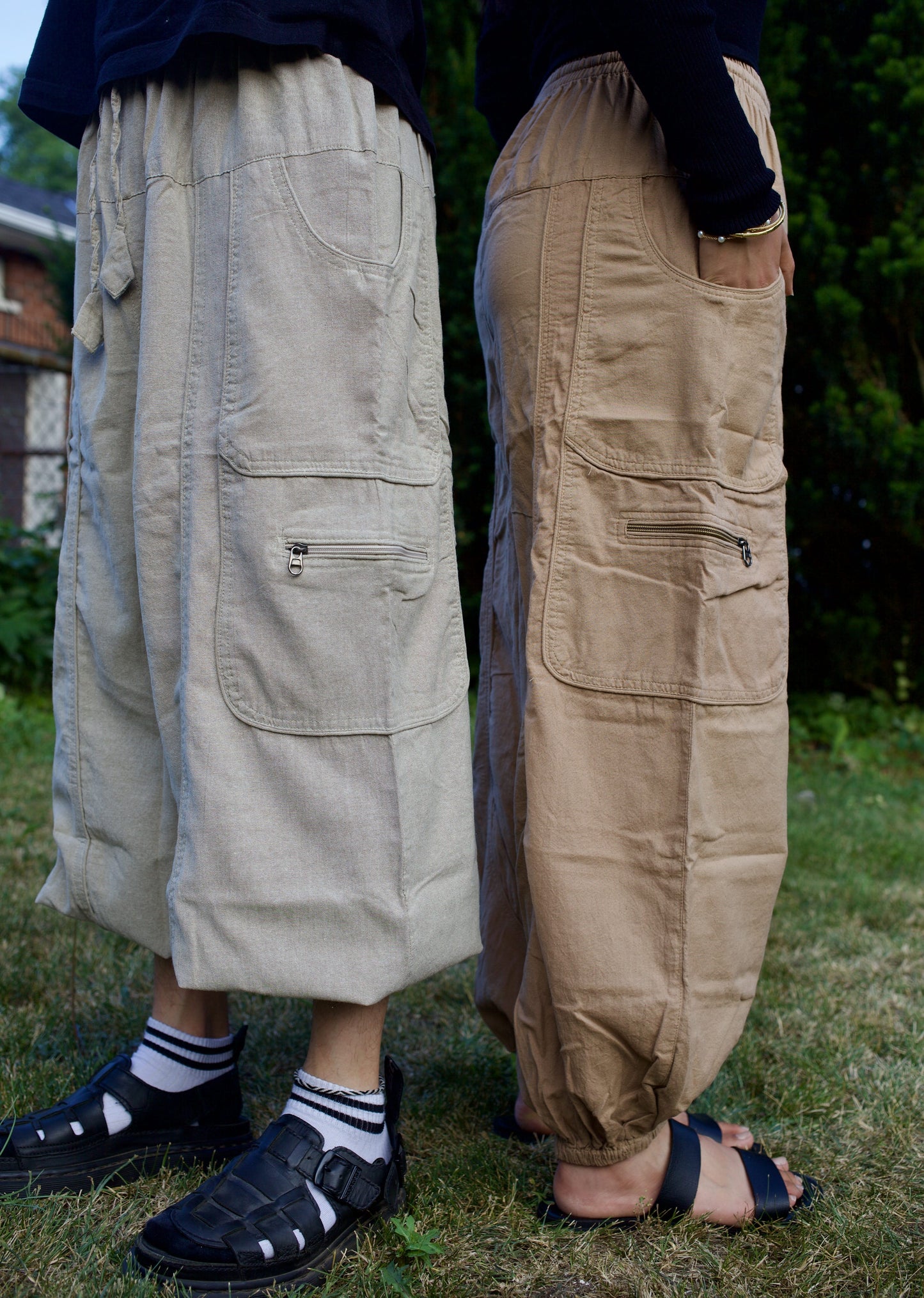 shedol models wearing camel beige bhaktapur pants