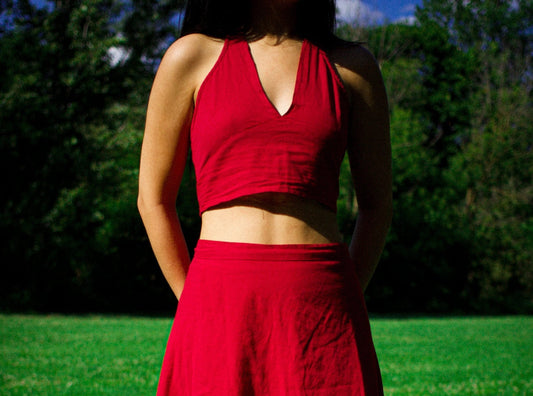 shedol girl wearing red rara bra top